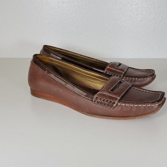 Cole Haan Wedge Mocs Penny Loafers Womens 8.5 Brown Square Toe Leather Sole - Picture 1 of 10
